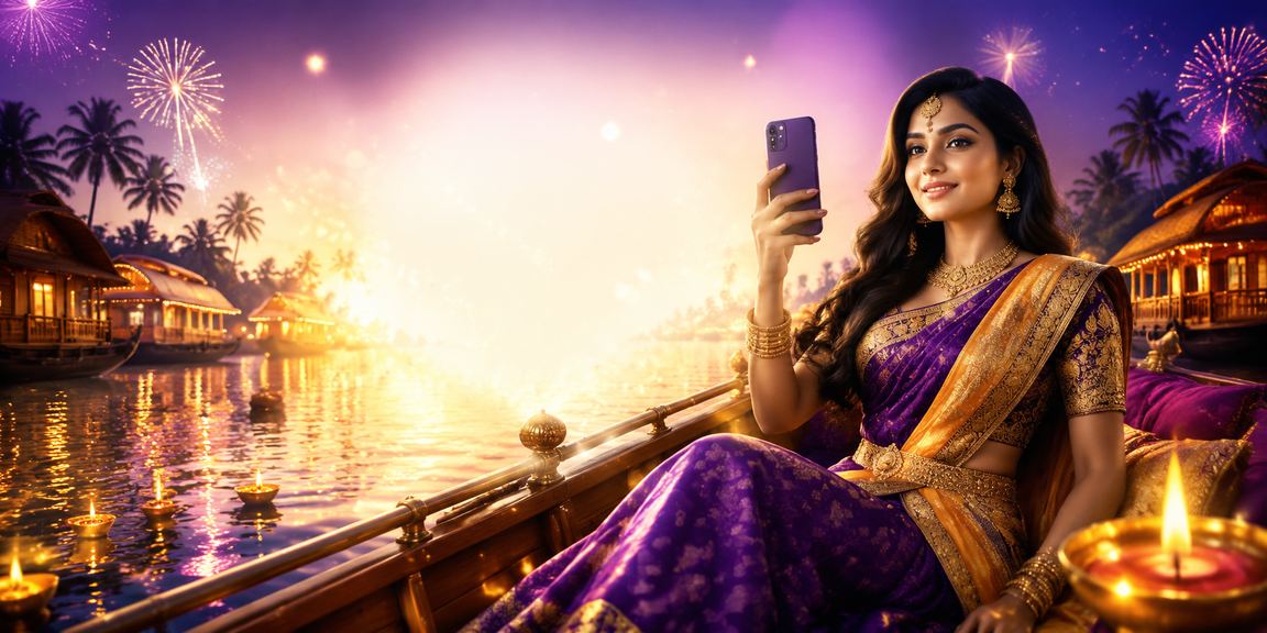 User using mobile phone for online deposit during Indian festival